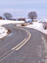 Curvy asphalt road  bare trees and cloudy sky, snow winter landscape Royalty Free Stock Photo