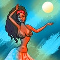 Curvy black girl dancing on the abstract Moon background