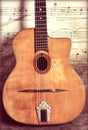 Gypsy Jazz Acoustic Guitar Vintage and Worn with Wear and Music Notes Wallpaper