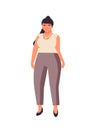 Curvy dark haired woman flat vector illustration. Plump caucasian girl cartoon character wearing white blouse and pants