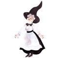 Curvy plump smiling cheerful middle aged wich with gray curls wearing a white blouse, black skirt with a white apron and