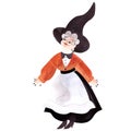 A curvy, plump, smiling, cheerful middle-aged witch with gray curls wearing a red cardigan, a black skirt with a white apron and