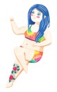 Curvy plus size bluehair girl in colorful swimsuit. Bodypositive concept