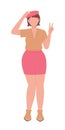 Curvy pretty woman posing with victory sign semi flat color vector character