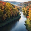 Curvy river in early autumn. Aerial view of wildlife in Poland, Europe made with Generative AI