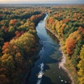 Curvy river in early autumn. Aerial view of wildlife in Poland, Europe made with Generative AI