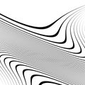 Curvy, waving lines abstract geometry element. Monochrome distorted stripes, random lines pattern