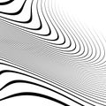 Curvy, waving lines abstract geometry element. Monochrome distorted stripes, random lines pattern