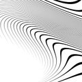Curvy, waving lines abstract geometry element. Monochrome distorted stripes, random lines pattern