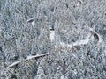Curvy windy road in snow covered forest Royalty Free Stock Photo