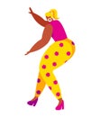 Curvy woman dances joyfully, wearing vibrant clothes with floral pattern. Happy plus-size female in a dance pose