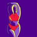 Curvy woman in line art style on purple background vector illustration. Attractive beautiful girl in a swimsuit