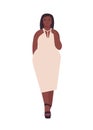 Curvy young woman flat vector illustration. Plump african american girl cartoon character wearing white evening dress