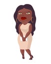 Curvy young woman illustration. Plump african american girl cartoon character wearing white evening dress. Body positive,