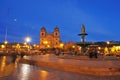 Cusco main square at night with Catholic religious cathedral Peru Royalty Free Stock Photo