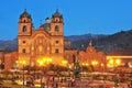 Cusco main square at night with Catholic religious cathedral Peru Royalty Free Stock Photo