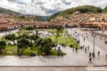 Aerial view at the Plaza de Armas and surrounding hills around city of Cusco in Peru