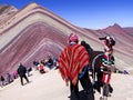 A llama poses for the picturesque photo on top of the rainbow mountain in Cusco, Peru.