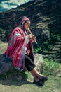 Cusco / Peru - May 29.2008: Portrait of a man, shepherd, goat herder, dressed up in native, peruvian costume Royalty Free Stock Photo