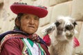 CUSCO, PERU-NOVEMBER 26 2011: Portrait of old peruvian quechua woman in traditional clothes with llama in Cusco