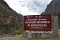 Cusco, Peru - Oct 15, 2019: Sign welcoming trekkers to the Inca Trail to Machu Picchu