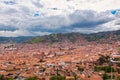 Cusco, view of centre and cityscape of city and mountains from above, Peru, South America