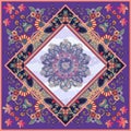 Cushion, blanket or lovely tablecloth with unique flower mandala and ornamental frame. Royalty Free Stock Photo