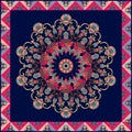 Cushion, square rug, ethnic shawl with flower mandala and ornamental frame.
