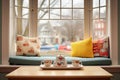 cushioned bay window, teapot, cup and novels