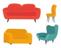 Cushioned furniture multicolored set. Sofa and armchair living room furniture modern design