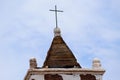 Cusp of the Spanish colonial style bell tower of the village of Toconao, San Pedro de Atacama, Chile Royalty Free Stock Photo