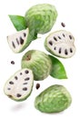 Custard apples or cherimoya fruits and slices of fruit on white background. File contains clipping paths Royalty Free Stock Photo