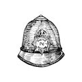The custodian helmet British Bobby police hat, gravure style ink drawing illustration isolated