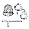 The custodian helmet British Bobby police hat, Handcuffs and key, Police baton truncheon or nightstick, gravure style drawing