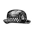 Custodian helmet, british police woman uniform hat, gravure style ink drawing illustration isolated