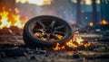 A tire is on fire in a pile of rubble. The fire is orange and the tire is black Royalty Free Stock Photo