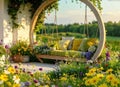 garden white terrace overlooking a field of wild flowers Royalty Free Stock Photo