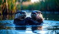 Otters floating on back in calm river Royalty Free Stock Photo