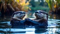Otters floating on back in calm river Royalty Free Stock Photo