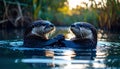Otters floating on back in calm river Royalty Free Stock Photo