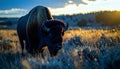 Bison grazing in golden prairie at dusk Royalty Free Stock Photo