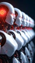Row of Futuristic Robots with Glowing Eyes and Red Internal Lights in Dark Environment Royalty Free Stock Photo