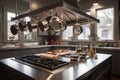 custom-built cooking station featuring glass cooktop, stainless steel hood and hanging pots and pans Royalty Free Stock Photo