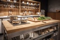 custom-built cooking station with a mix of high-tech and traditional tools and ingredients