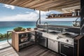a custom-built cooking station with an open view of the sea, offering spectacular views while cooking