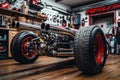 Custom Trike Motorcycle Rear Axle Close Up in Garage Royalty Free Stock Photo