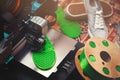 custom FDM-printer makes a shoe sole with distinct inner structure from bright green plastic filament. Royalty Free Stock Photo