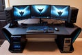 custom gaming desk with dual monitors, ergonomic keyboard and mouse, and state-of-the-art hardware