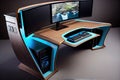 custom gaming desk with sleek and clean design, featuring a large monitor and ergonomic keyboard