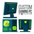 Custom Gaming PC Vector. Modern Custom Build Personal Computer. Hardline Liquid Beautiful Case Design. Isolated Flat